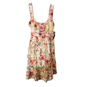 New Directions Floral Sun Dress Ivory Peach Ruffle Button Smocked Back Size 4